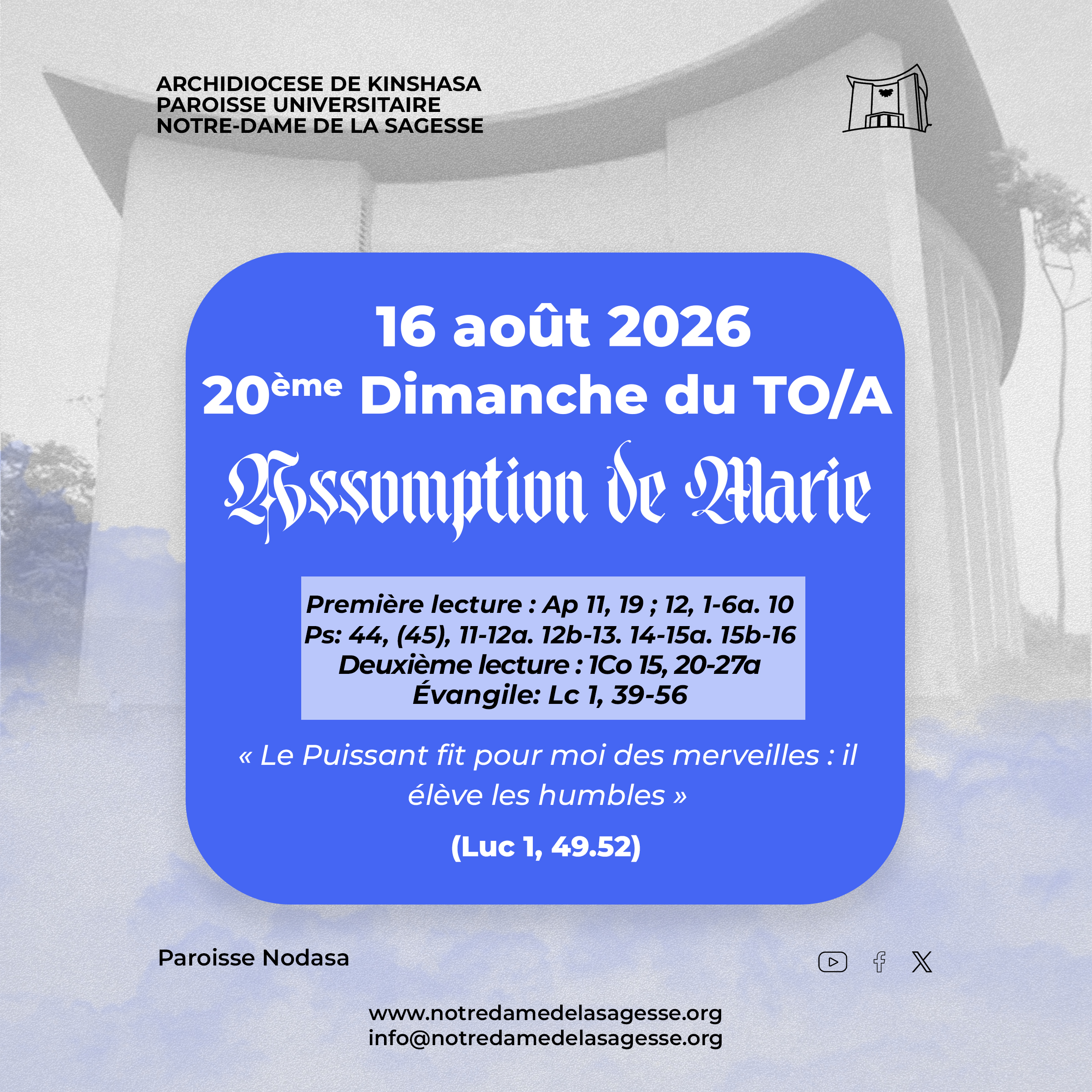 20ᵉ DIMANCHE DU TEMPS ORDINAIRE – SOLENNITÉ DE L’ASSOMPTION DE LA VIERGE MARIE